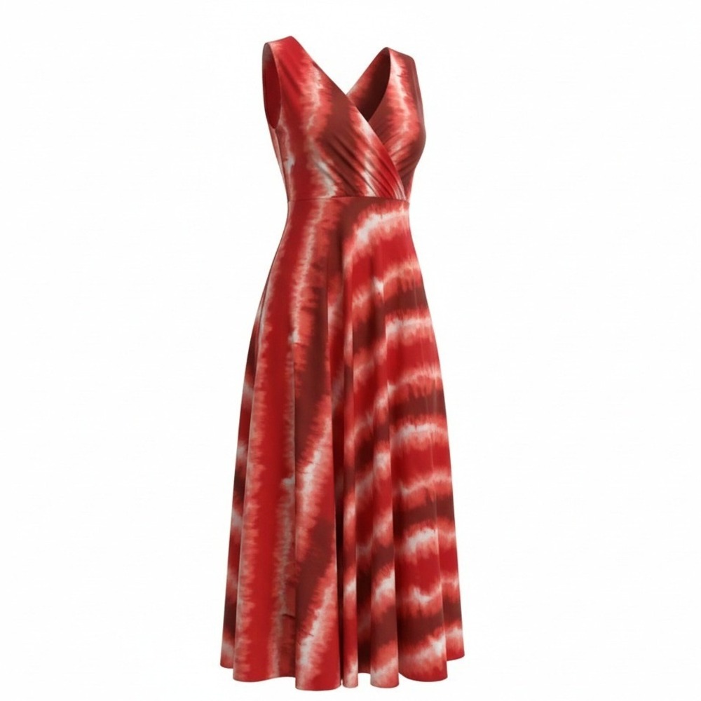 Sandiez Collection Dress Sz M Red Tie Dye Stripe Sleeveless V-Neck Maxi Pockets